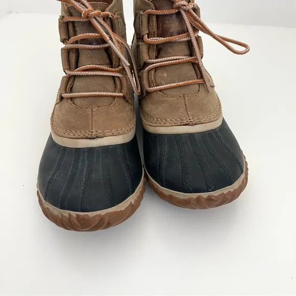 Sorel Out N About Leather Elk Brown Black Lace Up Winter Snow Duck Boots Size 7