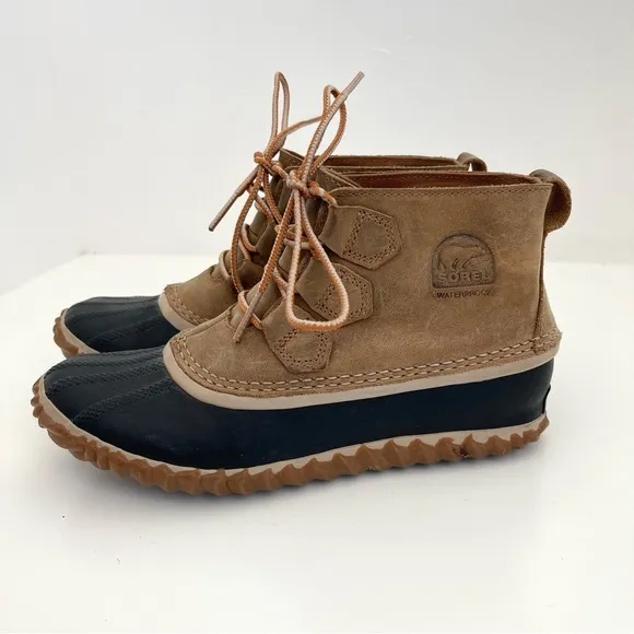 Sorel Out N About Leather Elk Brown Black Lace Up Winter Snow Duck Boots Size 7