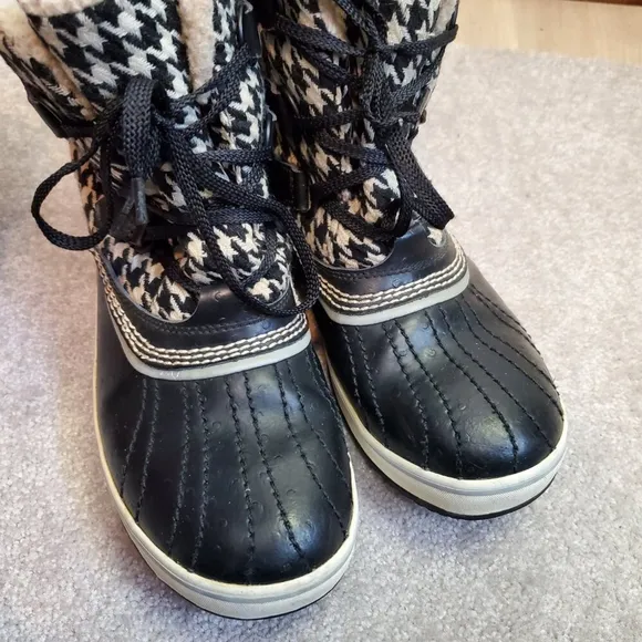 SOREL Tivoli Houndstooth Waterproof Snow Winter Boots Black White Women's 8.5