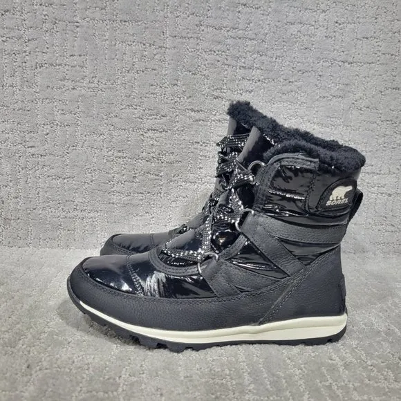 Sorel Whitney Womens Size 5.5 Black Patent Leather Lace Up Snow Boots. NEW
