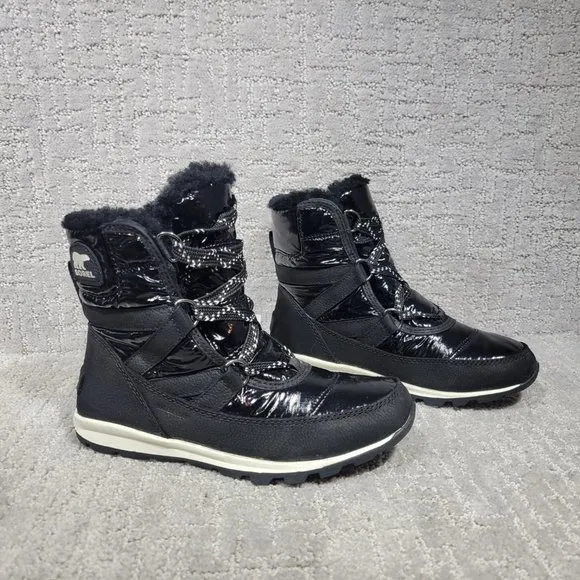 Sorel Whitney Womens Size 5.5 Black Patent Leather Lace Up Snow Boots. NEW
