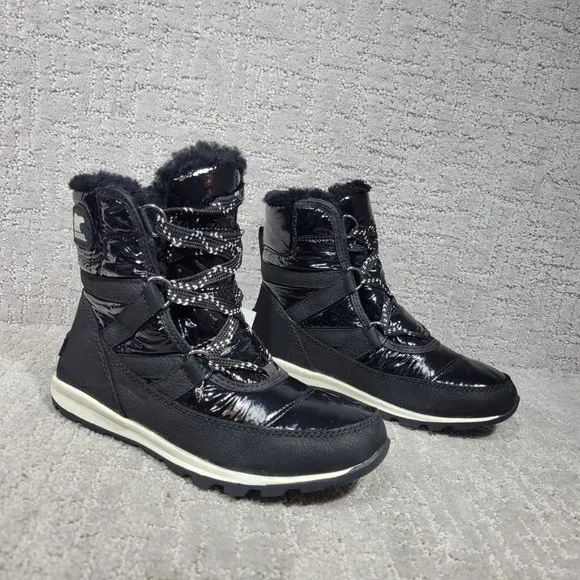 Sorel Whitney Womens Size 5.5 Black Patent Leather Lace Up Snow Boots. NEW