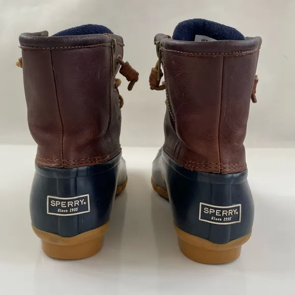 Sperry Women's Navy Blue Brown Saltwater Duck Boot Snow Rain Boot Size 7.5