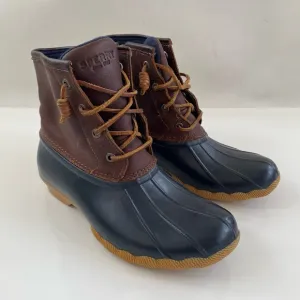 Sperry Women's Navy Blue Brown Saltwater Duck Boot Snow Rain Boot Size 7.5