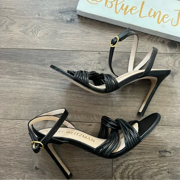 Stuart Weitzman Black Twist Sleek 95 Leather Sandals NWOT