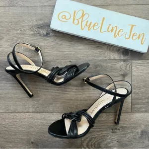 Stuart Weitzman Black Twist Sleek 95 Leather Sandals NWOT