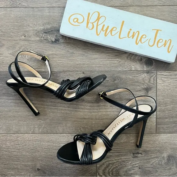 Stuart Weitzman Black Twist Sleek 95 Leather Sandals NWOT