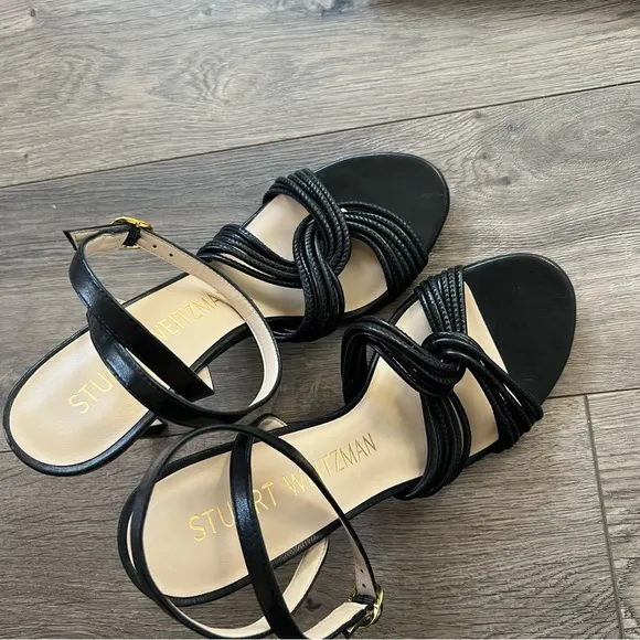 Stuart Weitzman Black Twist Sleek 95 Leather Sandals NWOT