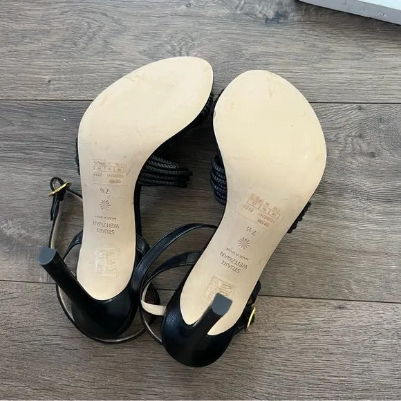 Stuart Weitzman Black Twist Sleek 95 Leather Sandals NWOT