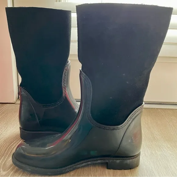 Stuart Weitzman Mid calf Suede Rubber Black Rain Boot Riding EU 39 US 8.5 Winter