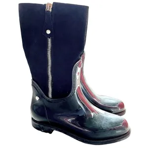 Stuart Weitzman Mid calf Suede Rubber Black Rain Boot Riding EU 39 US 8.5 Winter