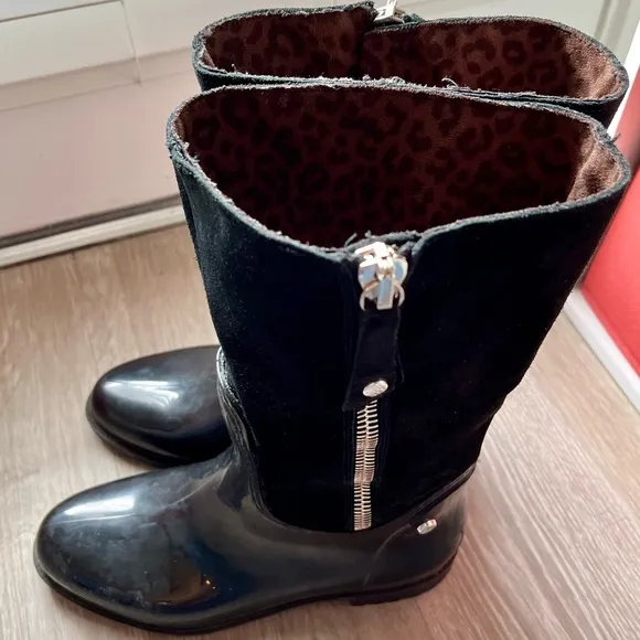 Stuart Weitzman Mid calf Suede Rubber Black Rain Boot Riding EU 39 US 8.5 Winter