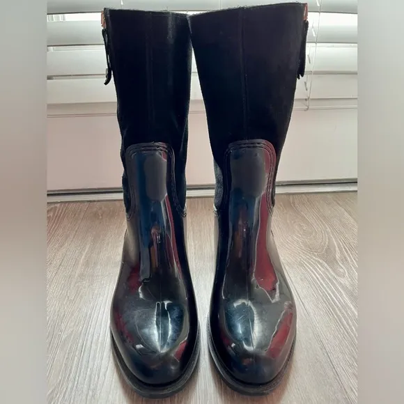 Stuart Weitzman Mid calf Suede Rubber Black Rain Boot Riding EU 39 US 8.5 Winter