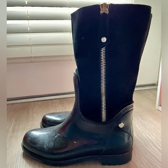 Stuart Weitzman Mid calf Suede Rubber Black Rain Boot Riding EU 39 US 8.5 Winter