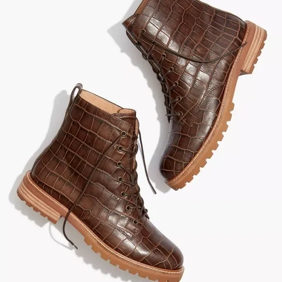 The Clair Lace-Up Boot in Croc Embossed Leather