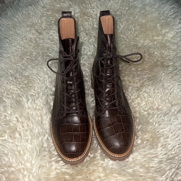 The Clair Lace-Up Boot in Croc Embossed Leather