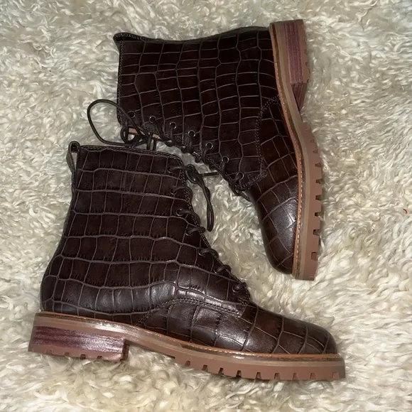 The Clair Lace-Up Boot in Croc Embossed Leather
