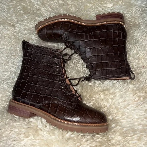The Clair Lace-Up Boot in Croc Embossed Leather
