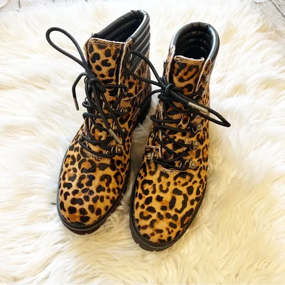 Timberland NWOB A2GCR Brown &amp; Black Leopard Print London Square Combat Boots 7.5