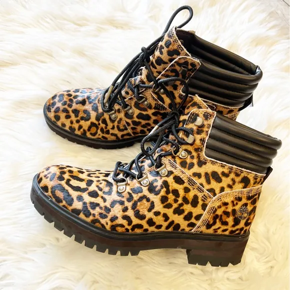 Timberland NWOB A2GCR Brown &amp; Black Leopard Print London Square Combat Boots 7.5