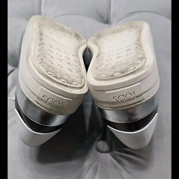 Tod's Black White Silver Leather Sneakers Flats Womens Athletic Shoes 38.5 8.5