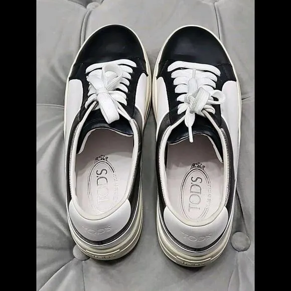 Tod's Black White Silver Leather Sneakers Flats Womens Athletic Shoes 38.5 8.5