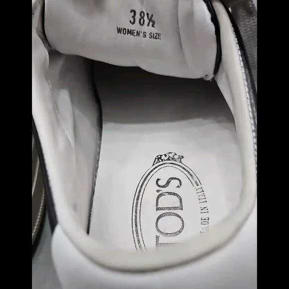 Tod's Black White Silver Leather Sneakers Flats Womens Athletic Shoes 38.5 8.5