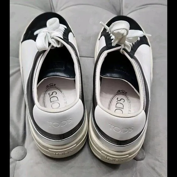 Tod's Black White Silver Leather Sneakers Flats Womens Athletic Shoes 38.5 8.5