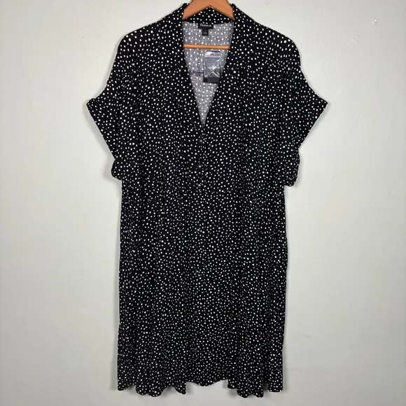 Torrid Mini Rayon Slub Front Collared Dress Patience Dots-Black/White-Women 1X