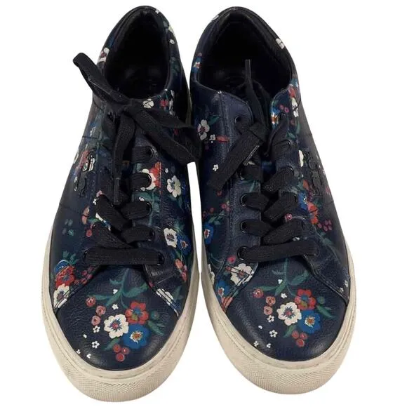 Tory Burch Amelia Floral Print Leather Sneakers Blue Multi-Color Sneakers 8.5M