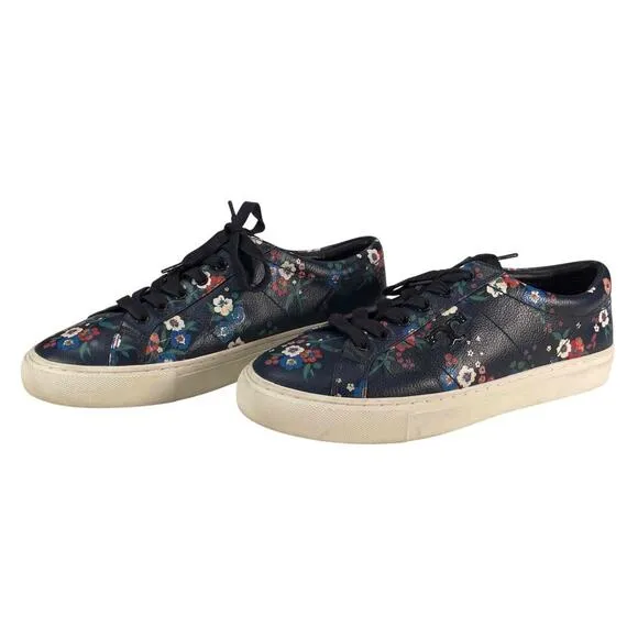 Tory Burch Amelia Floral Print Leather Sneakers Blue Multi-Color Sneakers 8.5M