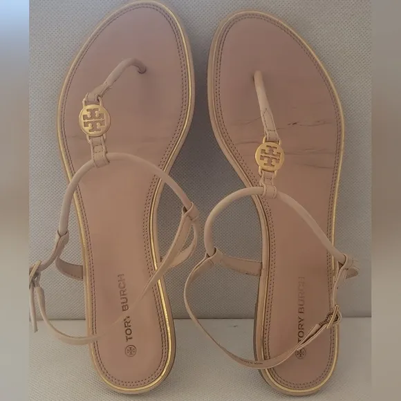 TORY BURCH EMMY TAN &amp;GOLD LEATHER SANDALS (sz 9.5)