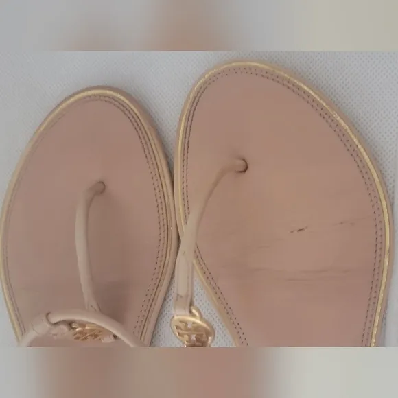 TORY BURCH EMMY TAN &amp;GOLD LEATHER SANDALS (sz 9.5)