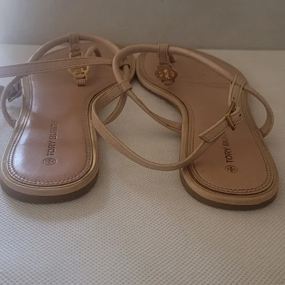 TORY BURCH EMMY TAN &amp;GOLD LEATHER SANDALS (sz 9.5)