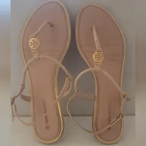 TORY BURCH EMMY TAN &amp;GOLD LEATHER SANDALS (sz 9.5)