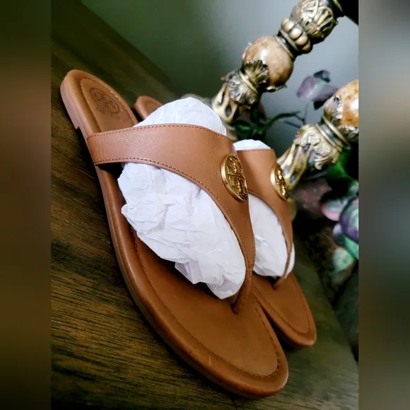 Tory Burch Judy Genuine Tumbled Leather Thong Sandals Royal Tan US 8.5