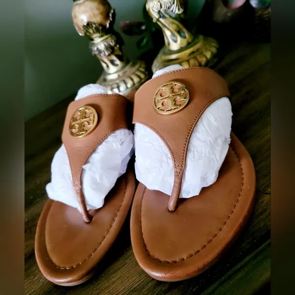 Tory Burch Judy Genuine Tumbled Leather Thong Sandals Royal Tan US 8.5