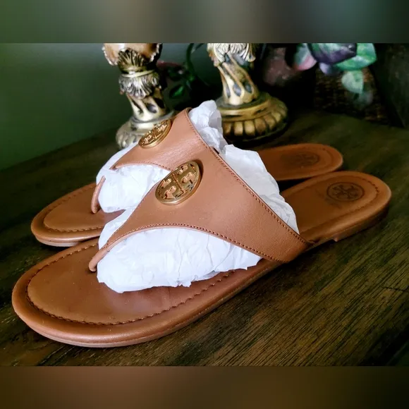 Tory Burch Judy Genuine Tumbled Leather Thong Sandals Royal Tan US 8.5