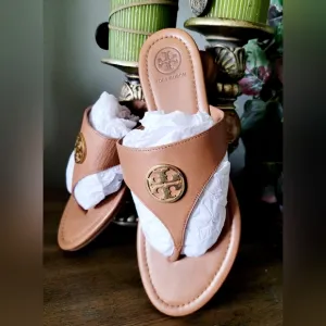 Tory Burch Judy Genuine Tumbled Leather Thong Sandals Royal Tan US 8.5