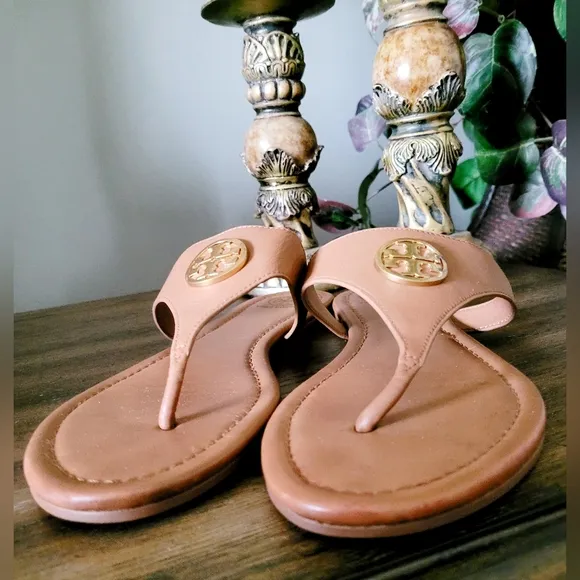 Tory Burch Judy Genuine Tumbled Leather Thong Sandals Royal Tan US 8.5