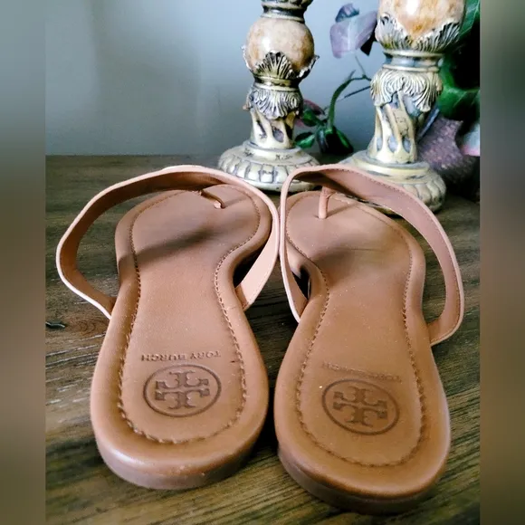 Tory Burch Judy Genuine Tumbled Leather Thong Sandals Royal Tan US 8.5
