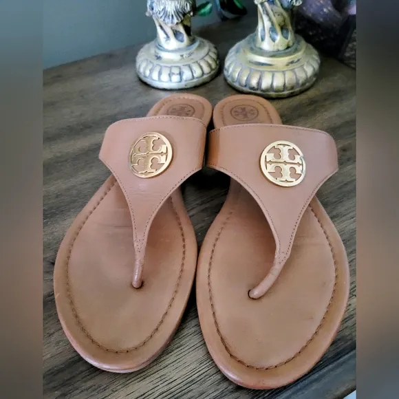 Tory Burch Judy Genuine Tumbled Leather Thong Sandals Royal Tan US 8.5