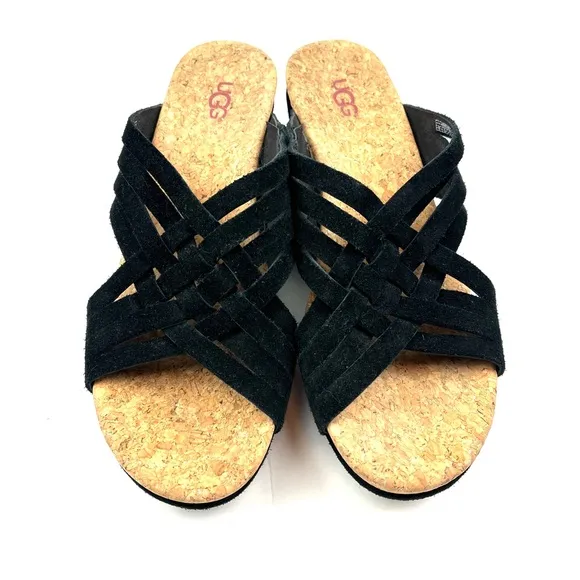 UGG Lilah Black Suede Wedge Slide Sandals size 8