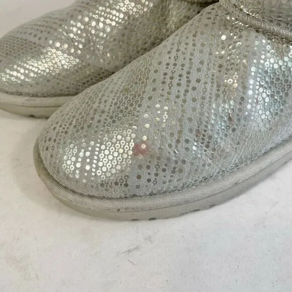 UGG Womens Bailey Button Bling Sheepskin Boots Silver Sz 5 Fur Trim Suede Mid