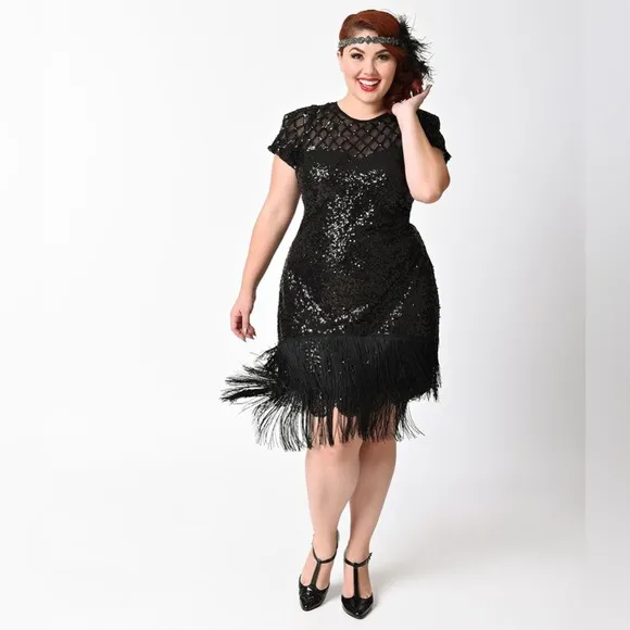 Unique Vintage 1920s Black Sequin Fringe Del Mar Flapper Cocktail Dress Size XL