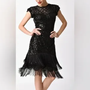 Unique Vintage 1920s Black Sequin Fringe Del Mar Flapper Cocktail Dress Size XL