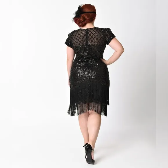 Unique Vintage 1920s Black Sequin Fringe Del Mar Flapper Cocktail Dress Size XL
