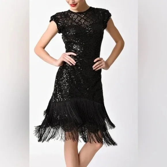 Unique Vintage 1920s Black Sequin Fringe Del Mar Flapper Cocktail Dress Size XL