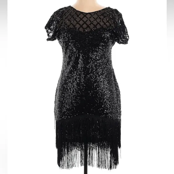 Unique Vintage 1920s Black Sequin Fringe Del Mar Flapper Cocktail Dress Size XL