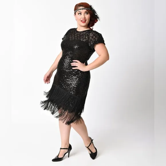 Unique Vintage 1920s Black Sequin Fringe Del Mar Flapper Cocktail Dress Size XL
